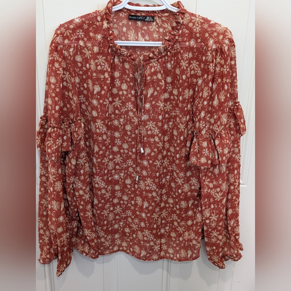 3/$20 Black Tape Orange Ruffled Blouse with Mandarin Collar